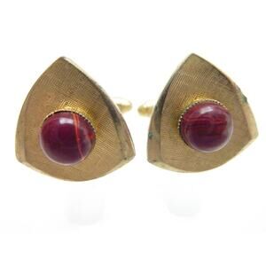 Vintage MCM Gold Tone Cuff Links Red Stone Triangle